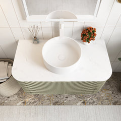 Wall-Mounted Single Vanity with White Ceramic Vessel Sink, Light Green Base
