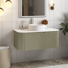 Wall-Mounted Single Vanity with White Ceramic Vessel Sink, Light Green Base