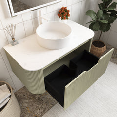 Wall-Mounted Single Vanity with White Ceramic Vessel Sink, Light Green Base