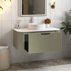 Wall-Mounted Single Vanity with White Ceramic Vessel Sink, Light Green Base