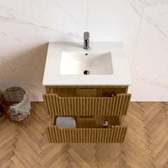 Wall-Mounted Vanity, 23.2 In W, White Ceramic Sink Top with Brown MDF Base