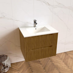 Wall-Mounted Vanity, 23.2 In W, White Ceramic Sink Top with Brown MDF Base