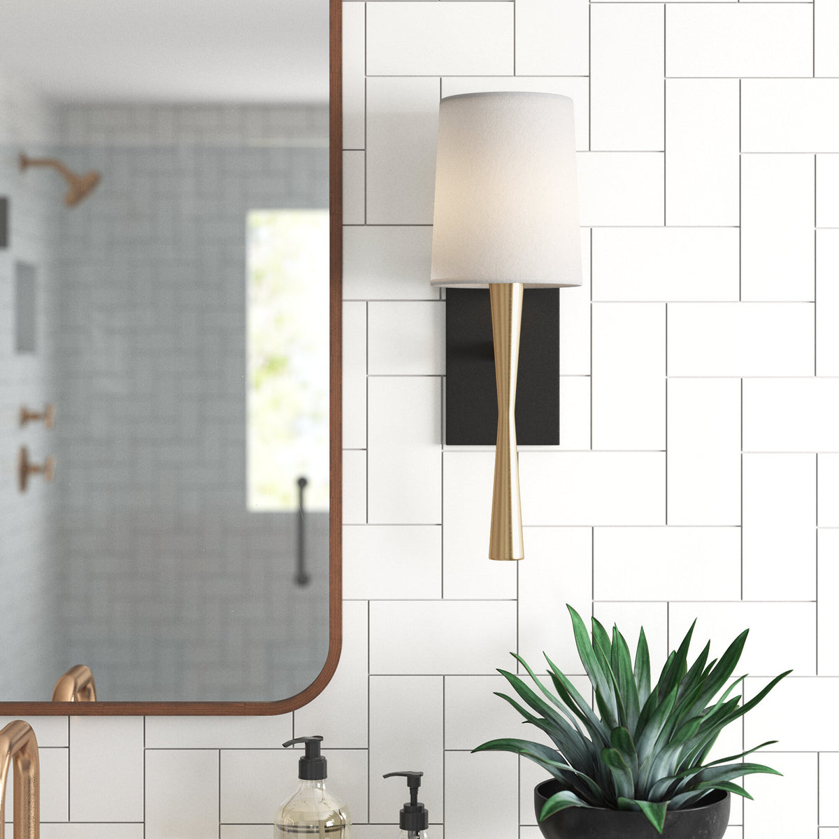Wall Sconce, 1 Light, Black/Gold Steel with White Fabric Shade