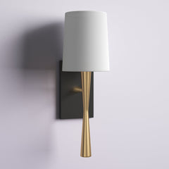 Wall Sconce, 1 Light, Black/Gold Steel with White Fabric Shade