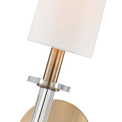 Wall Sconce, 1-Light Crystal and Steel in Aged Brass with White Shade