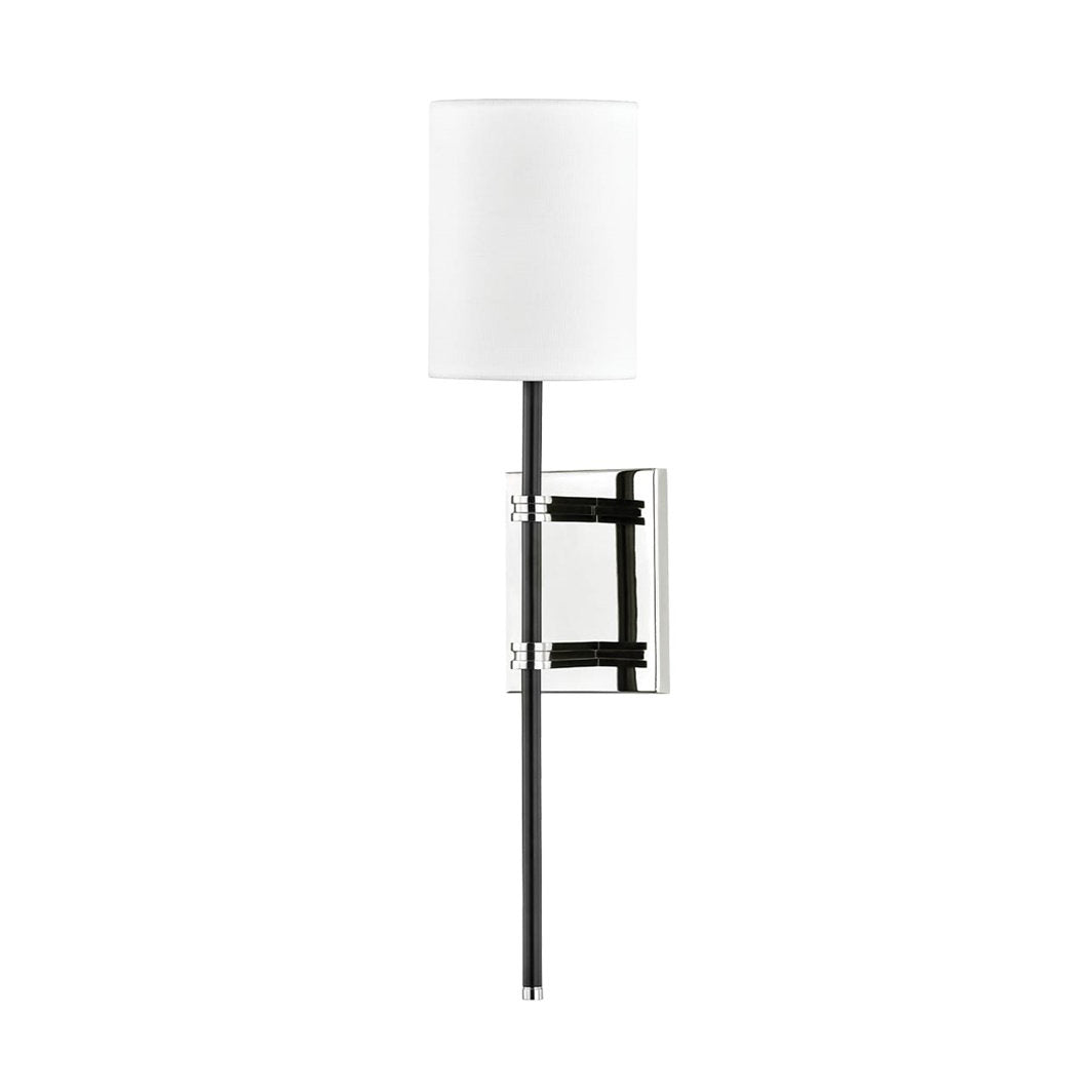 Wall Sconce, 1 Light, with White Linen Shade in Polished Nickel/Black