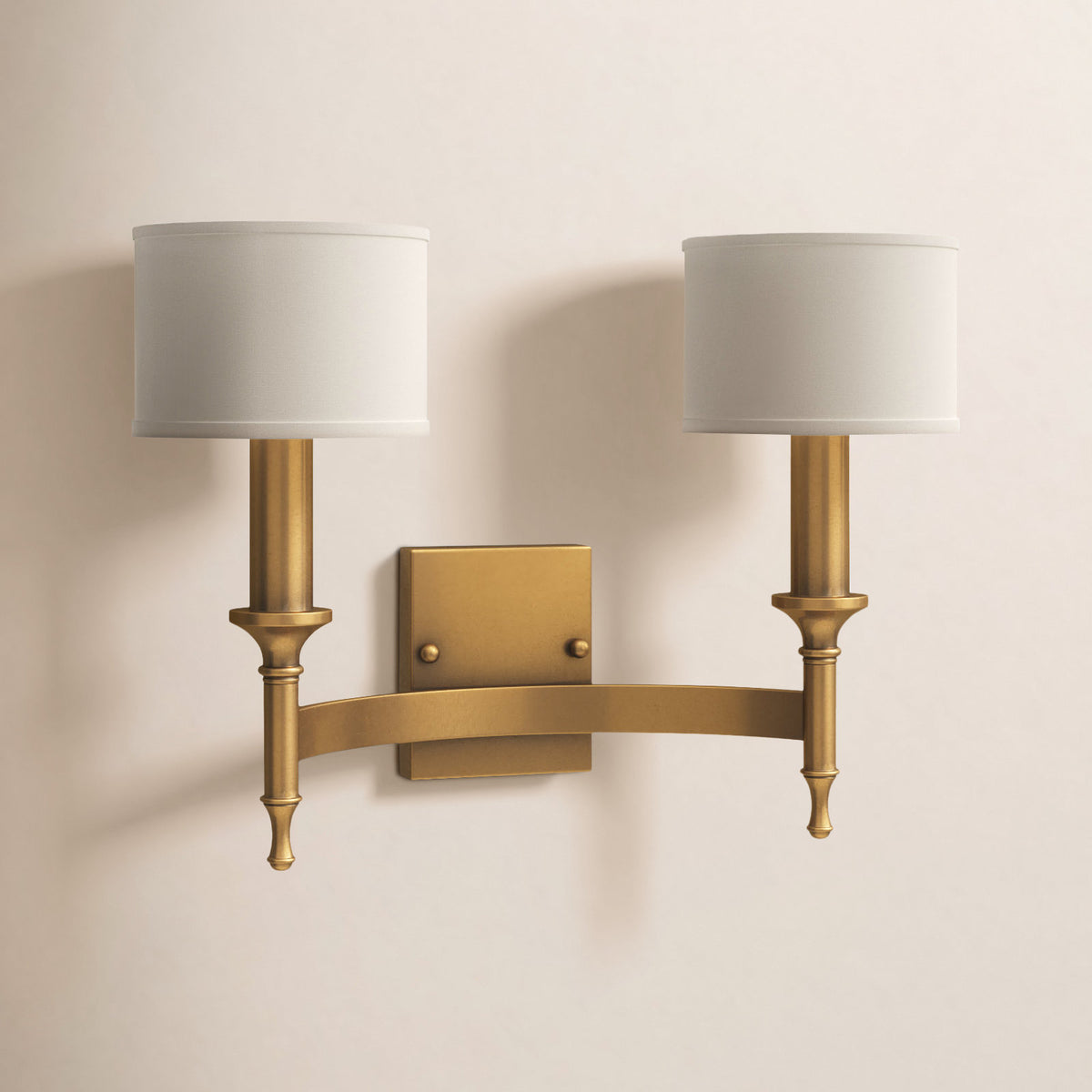 Wall Sconce, 2-Light Metal in Aged Brass with White Drum Shades