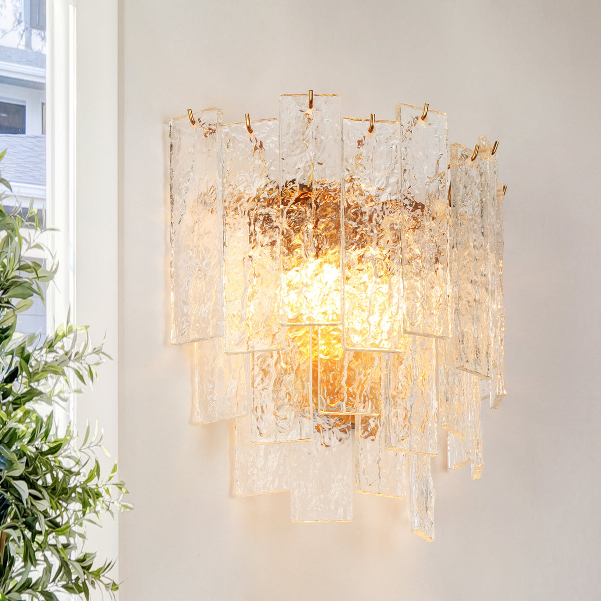 Wall Sconce, 2 Lights, Satin Brass with Clear Hammered Glass