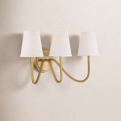 Wall Sconce, 3 Lights, Natural Brass Metal with White Fabric Shade