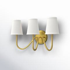 Wall Sconce, 3 Lights, Natural Brass Metal with White Fabric Shade