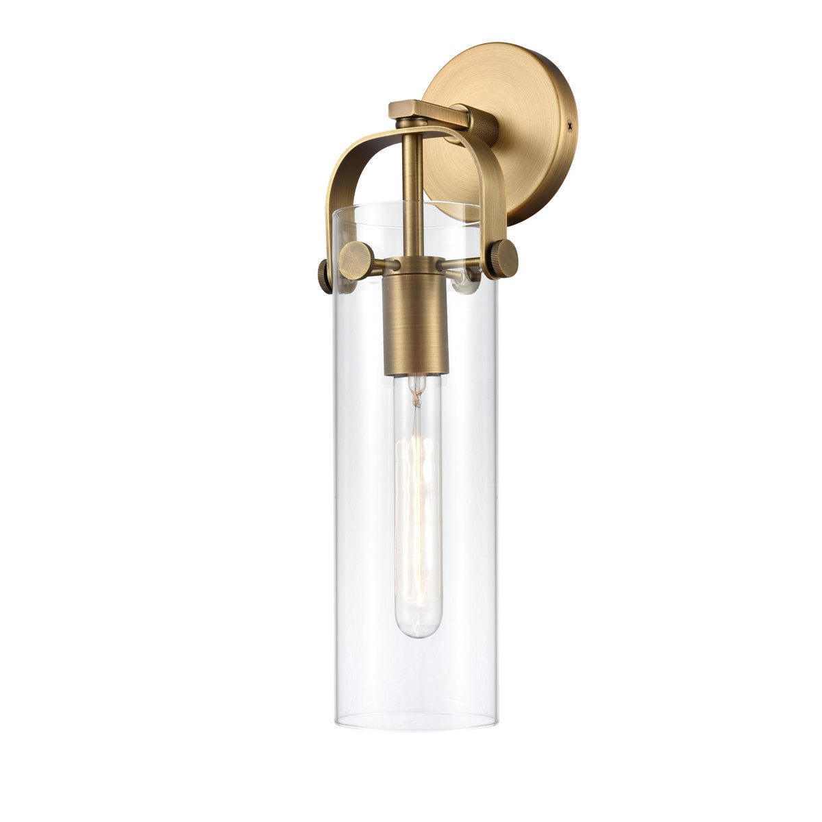 Wall Sconce with Clear Glass Drum Shade in Brushed Brass