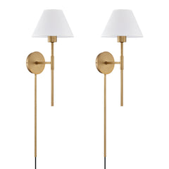 Wall Sconces, Set of 2, White Cotton Shade with Antique Brass Backplate