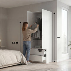 Wardrobe Armoire with 2 Doors and 2 Drawers in White