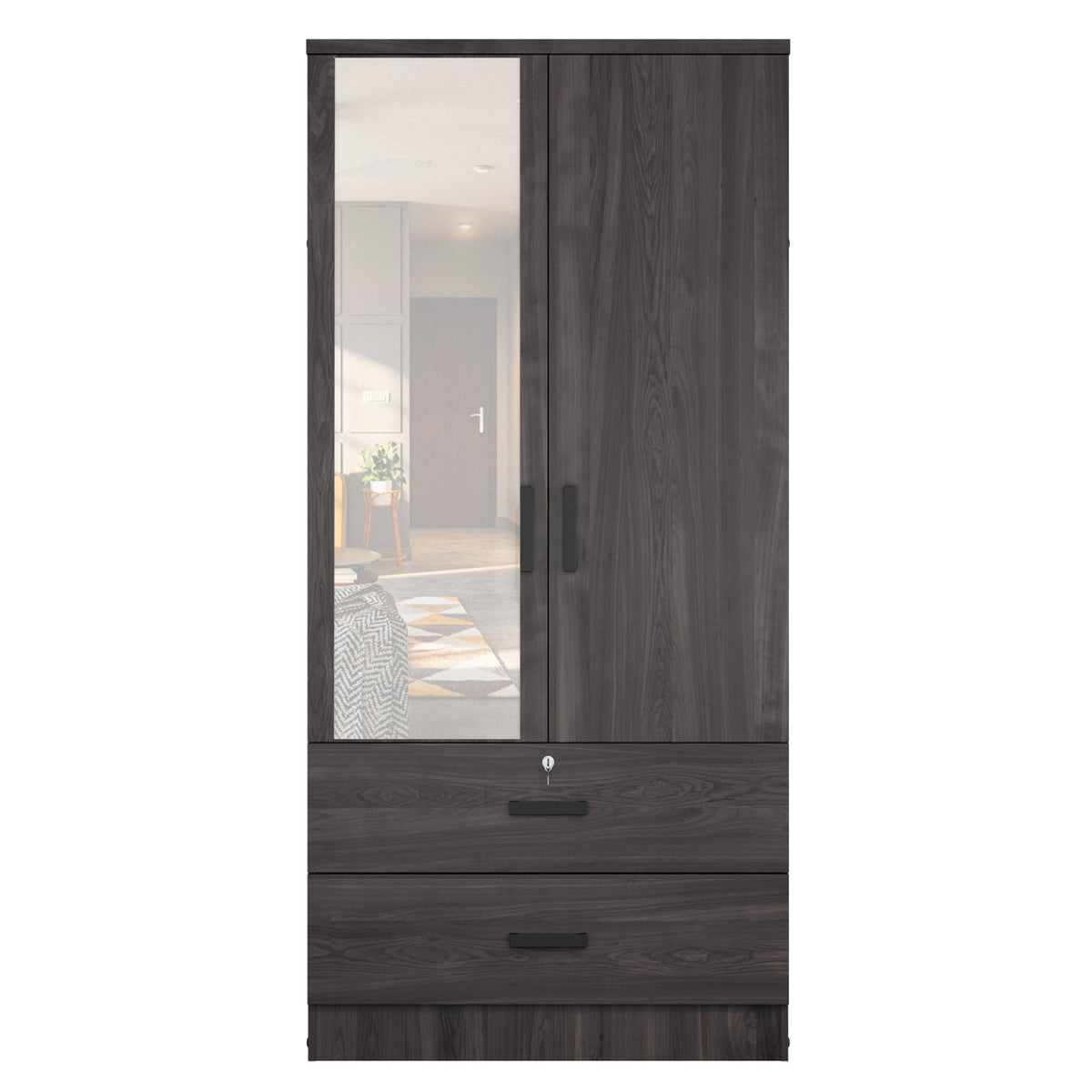 Wardrobe with 2 Doors, 2 Drawers and Mirror in Tobacco Manufactured Wood