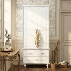Wardrobe with 2 Doors, 3 Drawers and Hanging Rod in White
