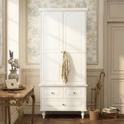 Wardrobe with 2 Doors, 3 Drawers and Hanging Rod in White