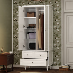Wardrobe with 2 Doors, 3 Drawers and Hanging Rod in White