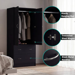 Wardrobe with 2 Doors and 2 Drawers in Matte Black