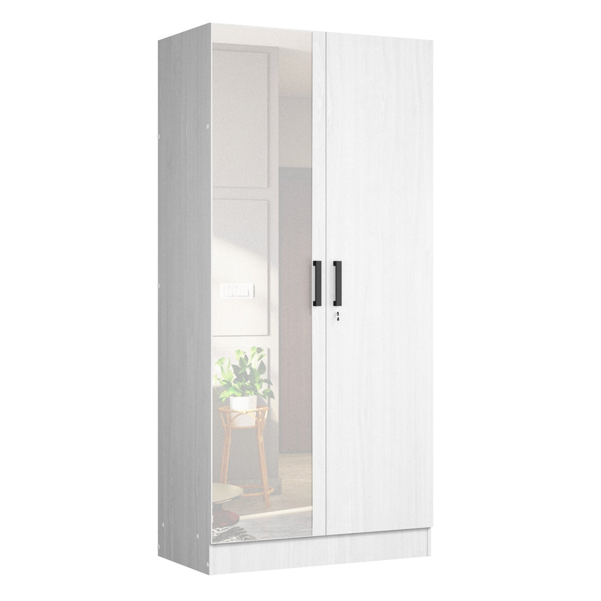 Wardrobe with 2 Hinged Doors and Mirror in White Manufactured Wood