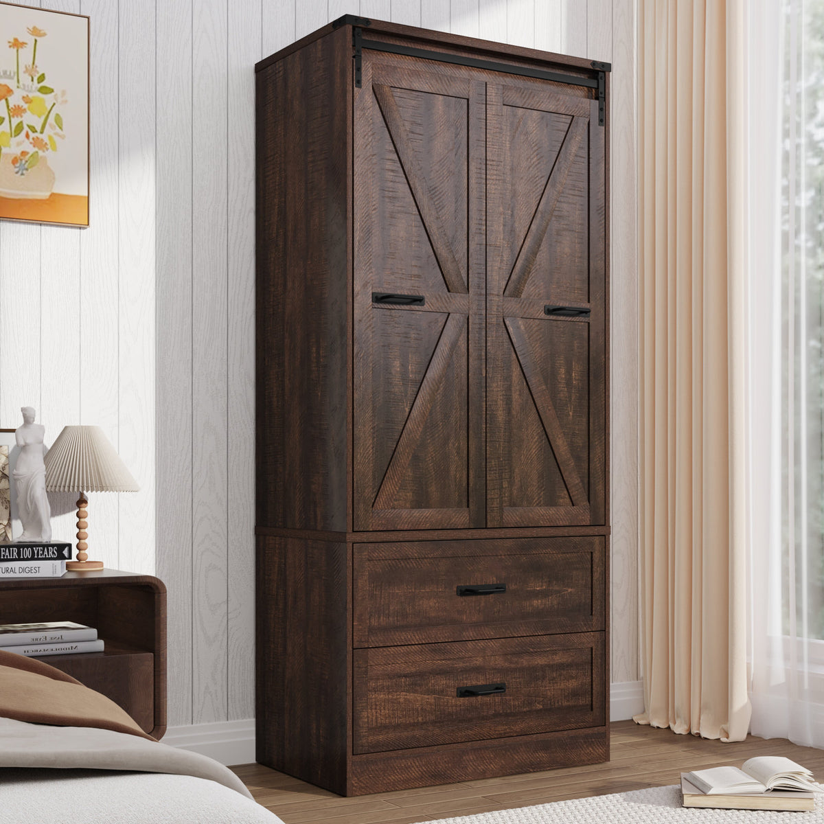 Wardrobe with 2 Sliding Barn Doors in Brown Manufactured Wood