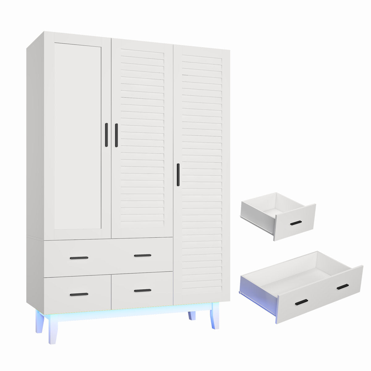 Wardrobe with 3 Louvered Doors, Two Drawers and LED Light in White