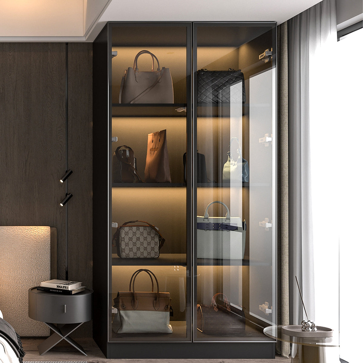 Wardrobe with Tempered Glass Doors and LED Light Strip, Black