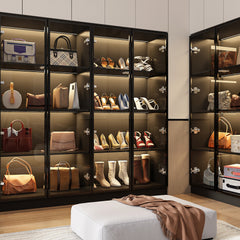 Wardrobe with Tempered Glass Doors and LED Light Strip, Black