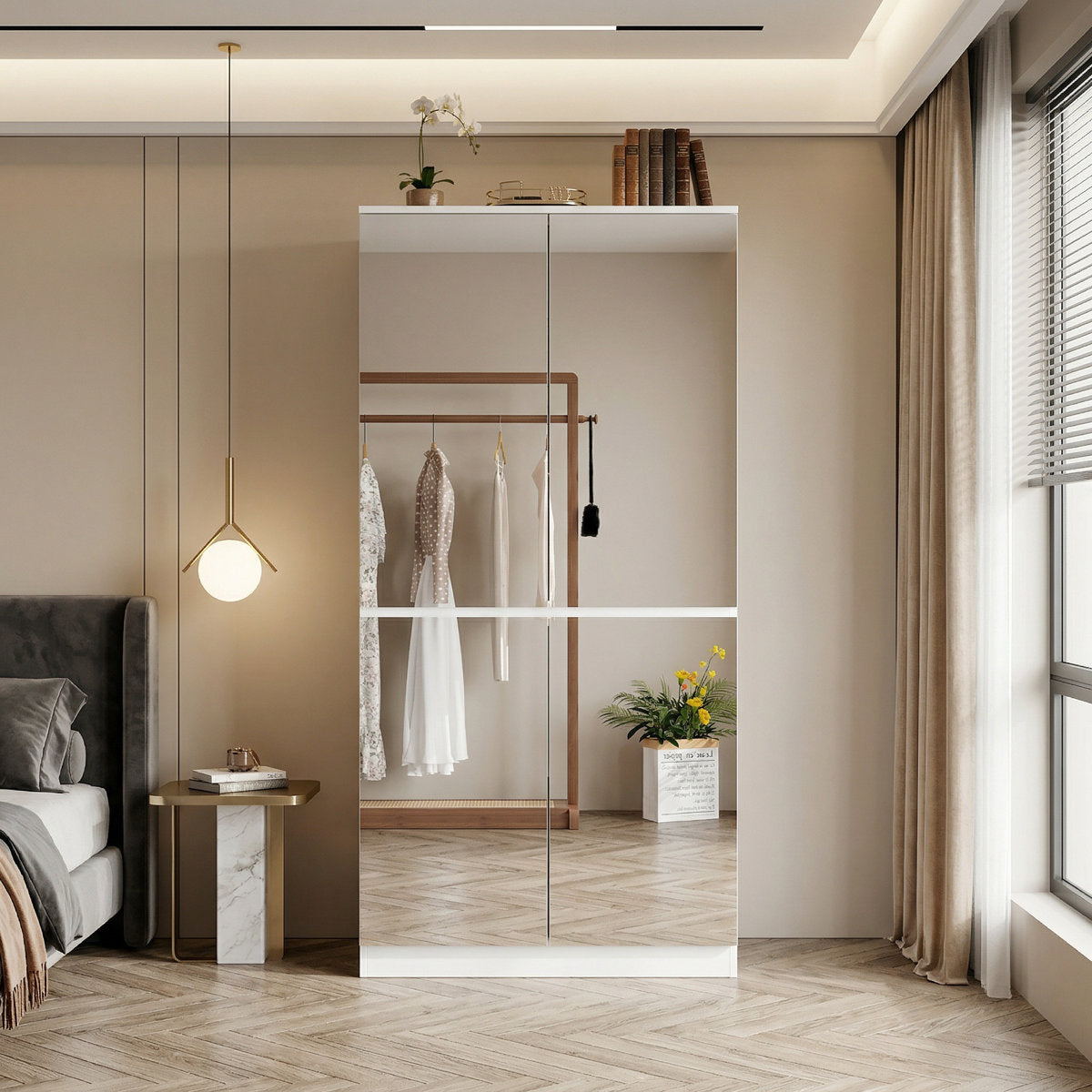 Wardrobe with Two Mirror Doors and Hanging Rail, Satin Manufactured Wood