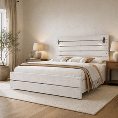 Room 1 angle | Three-quarter bedroom view showing the horizontal headboard slats, footboard and adjustable lights