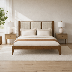 Room 2 | Straight-on bedroom view with the walnut bed, light channel-tufted headboard, pale nightstands, lamps, and bright window