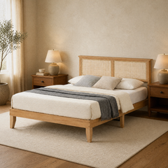 Room 1 angle | Three-quarter bedroom view showing the wood frame, woven two-panel headboard, tapered legs, bedding, nightstands, and rug.