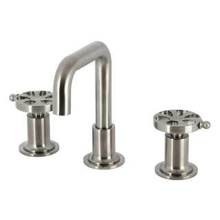 Widespread Bathroom Faucet, Belknap, Two-Handle with Push Pop-Up Drain in Brushed Nickel