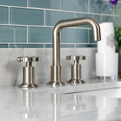 Widespread Bathroom Faucet, Belknap, Two-Handle with Push Pop-Up Drain in Brushed Nickel