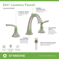 Widespread Bathroom Faucet, Elm, Two-Handle, Pop-Up Drain, Satin Nickel