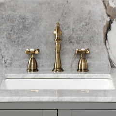Widespread Bathroom Faucet, Essex, Two-Handle with Brass Pop-Up in Antique Brass