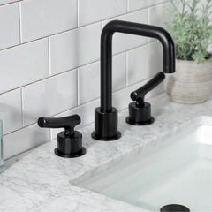 Widespread Bathroom Faucet, Hallerbos, Two-Handle with Pop-Up Drain in Matte Black