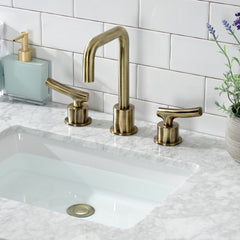 Widespread Bathroom Faucet, Hallerbos, Two-Handle with Push Pop-Up Drain in Antique Brass