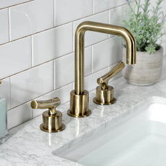 Widespread Bathroom Faucet, Hallerbos, Two-Handle with Push Pop-Up Drain in Antique Brass