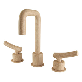 Widespread Bathroom Faucet, Hallerbos, Two-Handle with Push Pop-Up Drain in Light Wood