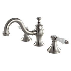 Widespread Bathroom Faucet, Heirloom, Two-Handle with Brass Pop-Up in Brushed Nickel