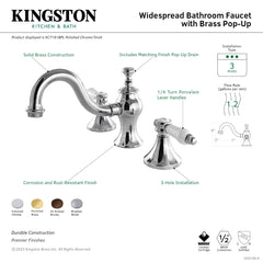 Widespread Bathroom Faucet, Heirloom, Two-Handle with Brass Pop-Up in Brushed Nickel