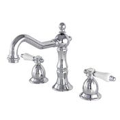Widespread Bathroom Faucet, Heirloom, Two-Handle with Brass Pop-Up in Polished Chrome