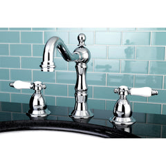 Widespread Bathroom Faucet, Heirloom, Two-Handle with Brass Pop-Up in Polished Chrome