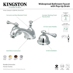 Widespread Bathroom Faucet, Heirloom, Two-Handle with Brass Pop-Up in Polished Brass