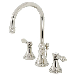 Widespread Bathroom Faucet, Heirloom, Two-Handle with Brass Pop-Up in Polished Nickel