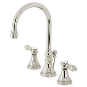 Widespread Bathroom Faucet, Heirloom, Two-Handle with Brass Pop-Up in Polished Nickel