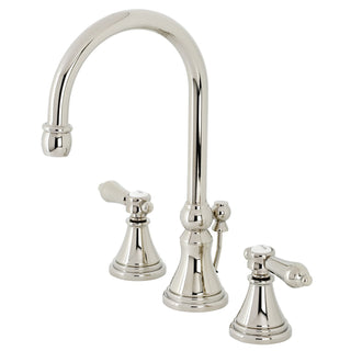 Widespread Bathroom Faucet, Heirloom, Two-Handle with Brass Pop-Up in Polished Nickel