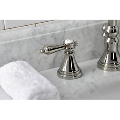 Widespread Bathroom Faucet, Heirloom, Two-Handle with Brass Pop-Up in Polished Nickel