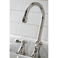 Widespread Bathroom Faucet, Heirloom, Two-Handle with Brass Pop-Up in Polished Nickel