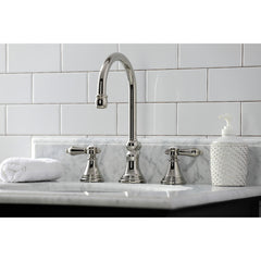 Widespread Bathroom Faucet, Heirloom, Two-Handle with Brass Pop-Up in Polished Nickel